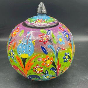 Handmade Turkish Tulip & Floral Iznik Design Ceramic Spherical Jar w Lid 8"T